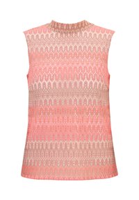 Ärmelloses Oberteil mit geripptem Textil und horizontalen Streifen in Pink- und Beigetönen, das ein hochgeschlossenes Design betont.