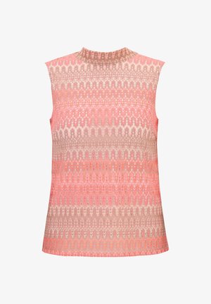 Débardeur sans manches avec une texture ribbed et des rayures horizontales dans des teintes de rose et de beige, mettant en avant un design à col haut.