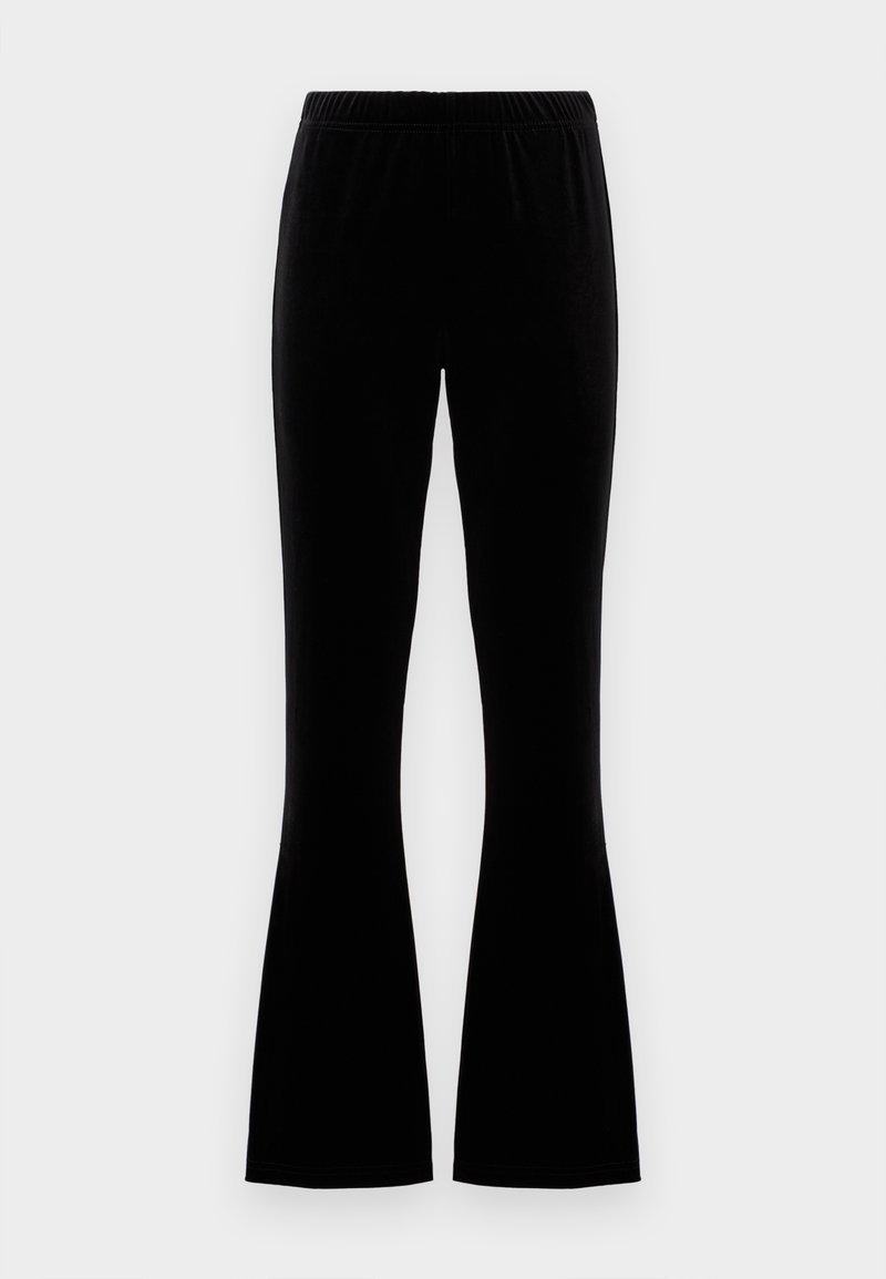 Pantaloni neri a zampa d'elefante realizzati in tessuto morbido ed elastico con cintura elastica. Texture liscia e design pulito, adatti per un abbigliamento casual.