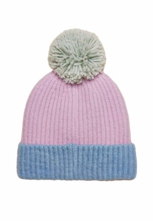 Knitted winter hat with light pink body, blue cuff, and large off-white pom-pom on top, isolated on white background.
