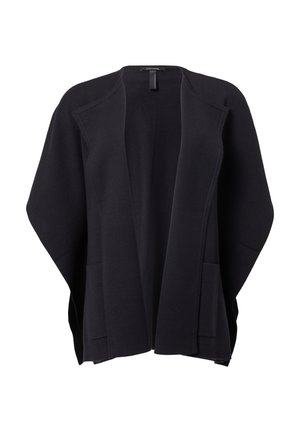 Schwarze, offene Strickjacke aus weichem Material mit lockerer Passform, ausgestattet mit zwei vorderen Taschen und einer glatten, schlichten Textur.