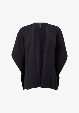 Black open-front cardigan made of soft fabric with a relaxed fit, featuring two front pockets and a smooth, unembellished texture.