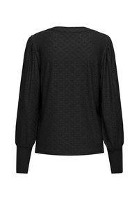 Blusa nera con un motivo a occhio di pernice testurizzato, maniche lunghe a sbuffo, scollatura rotonda e vestibilità ampia. Vista posteriore in evidenza.