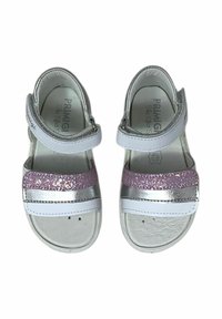 Sandali bianchi con cinturini in glitter argento e rosa, chiusure regolabili con velcro e una soletta morbida per il massimo comfort.