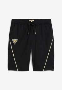 Shorts sportivi neri con cintura regolabile, dotati di tasche laterali, dettagli color crema e un patch triangolare con un design grafico.