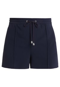 Shorts bleu marine avec une ceinture élastique, un cordon de serrage et des embouts métalliques. Présentant des plis à l'avant pour un design amélioré.