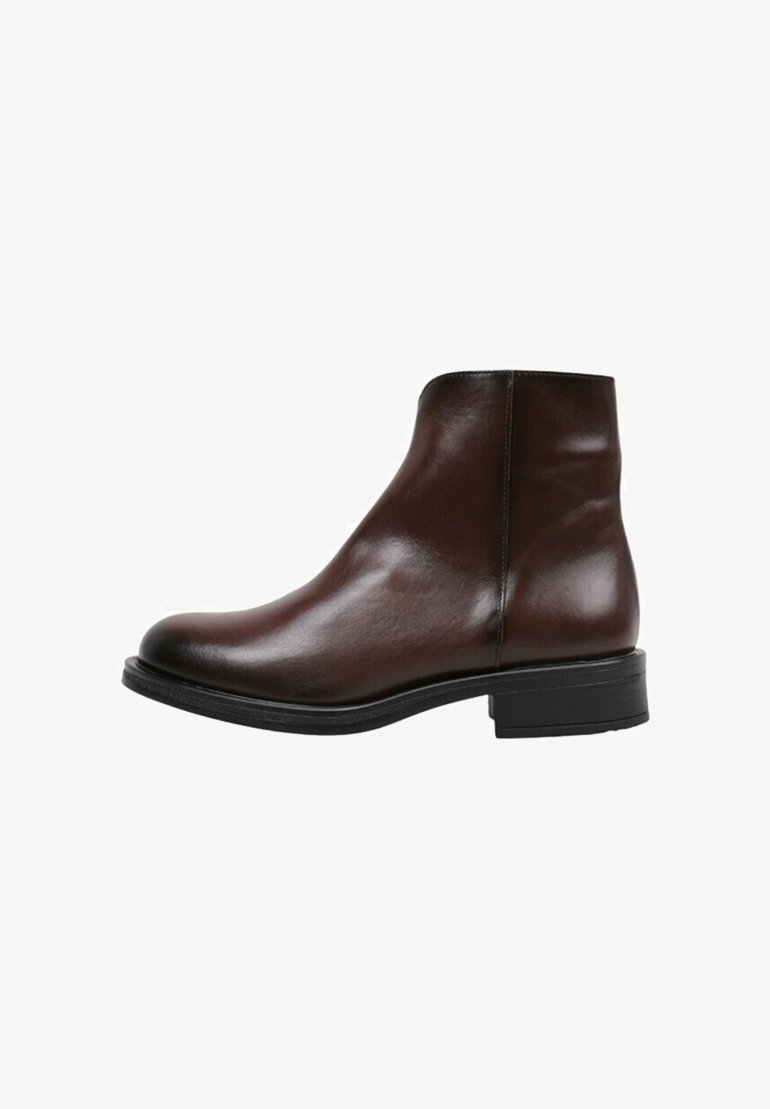 Brown leather ankle boots with a smooth finish, rounded toe, and a low block heel. Features minimalist design and clean lines.
