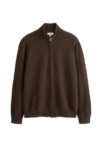 Barna gyapjú kardigán magas gallérral, teljes hosszúságú elülső cipzárral, bordázott mandzsettákkal és szegéllyel. Puha tapintású, klasszikus kialakítás, amely rétegezésre alkalmas.