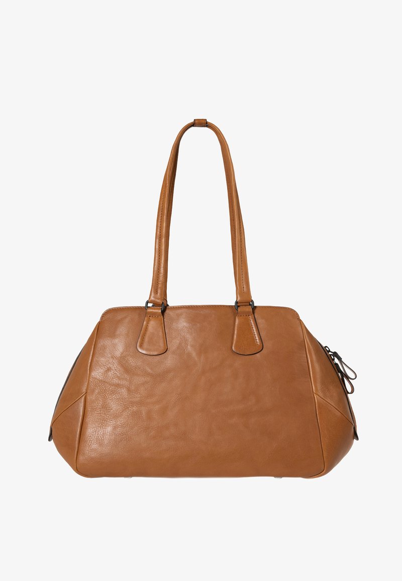 Tan leather handbag with smooth texture, rounded base, and two shoulder straps. Features zipper and accents around the base.