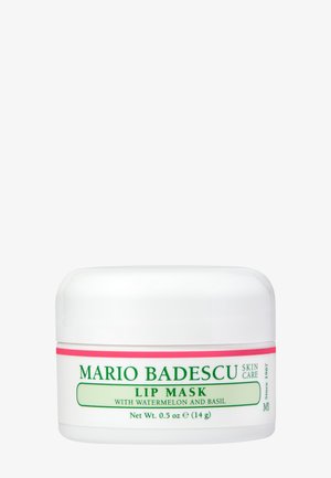 Pot de masque pour les lèvres Mario Badescu à la pastèque et au basilic, contenant blanc avec étiquette verte et rose, poids net 0,5 oz (14 g).