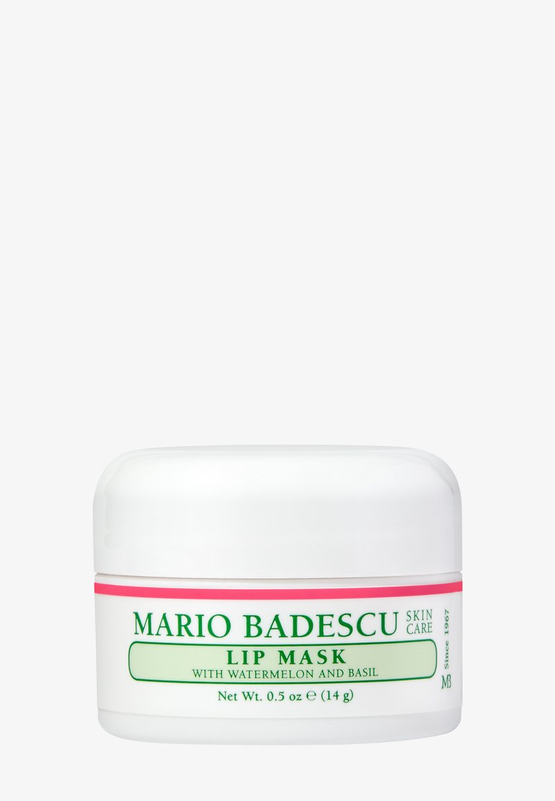 Słoik maseczki do ust Mario Badescu z arbuza i bazylii, biały pojemnik z zielono-różową etykietą, waga netto 0,5 oz (14 g).