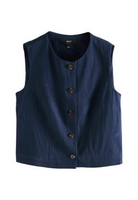 Merenneito sininen hihaton liivi, jossa on pyöreä kaula-aukko, viisi suurta ruskeaa nappia ja sileä, teksturoitu kangas. Yksinkertainen ja muotoiltu design.