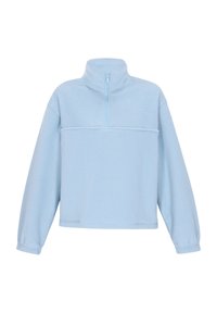 Pullover in pile azzurro chiaro con zip a quarto di giro, maniche lunghe, superficie texturizzata e cucitura orizzontale sul petto.