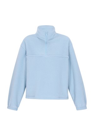 Pulover din fleece de culoare bleu deschis, cu fermoar pe un sfert, mâneci lungi, suprafață texturată și o cusătură orizontală pe piept.