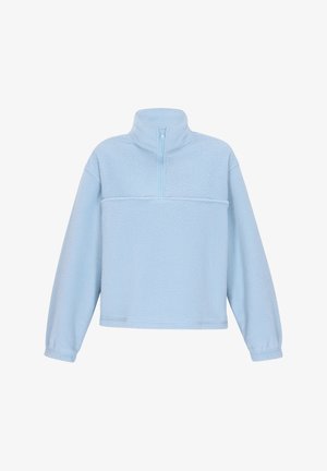 Világoskék fleece pulóver negyed zipzárral, hosszú ujjakkal, texturált felülettel és vízszintes varrással a mellkason.