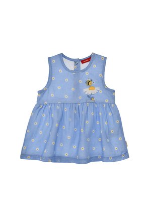 Blaues ärmelloses Babykleid mit kleinen weißen Gänseblümchen und besticktem Bienen- und Blumendetail auf der Brust.