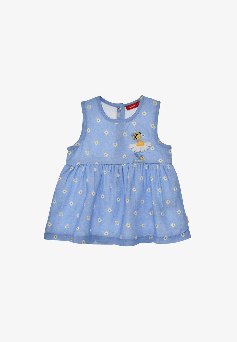 Robe bébé bleu sans manches avec petites marguerites blanches et détail brodé d'abeille et de fleur sur la poitrine.