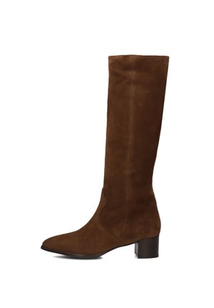 Bottes en cuire suédée marron, montantes jusqu'au genou, avec un bout pointu, un petit talon carré et un design sans couture. Texture lisse avec des détails de surpiqûres subtils.