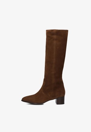 Braune Wildleder-Kniehohe Stiefel mit spitzem Zehenbereich, niedrigem Blockabsatz und nahtlosem Design. Glatte Textur mit dezenten Steppdetails.