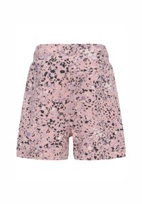 Ljusrosa shorts med ett flerfärgat prickigt mönster i svart och lila. Mjuk tyg, elastisk midja och en avslappnad passform.