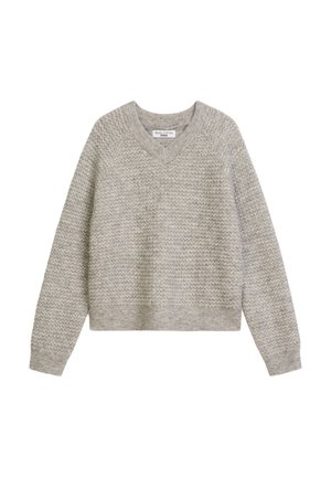 Pull en tricot gris clair avec un col en V, un design court et des poignets côtelés. Présente un motif de vagues sur l'ensemble de la texture du tissu.