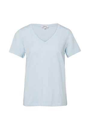 Lichtblauw T-shirt met korte mouwen en V-hals, een rechte zoom en een s.Oliver-merklabel aan de binnenkant van de kraag.