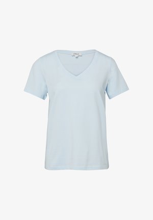 Lichtblauw T-shirt met korte mouwen en V-hals, een rechte zoom en een s.Oliver-merklabel aan de binnenkant van de kraag.