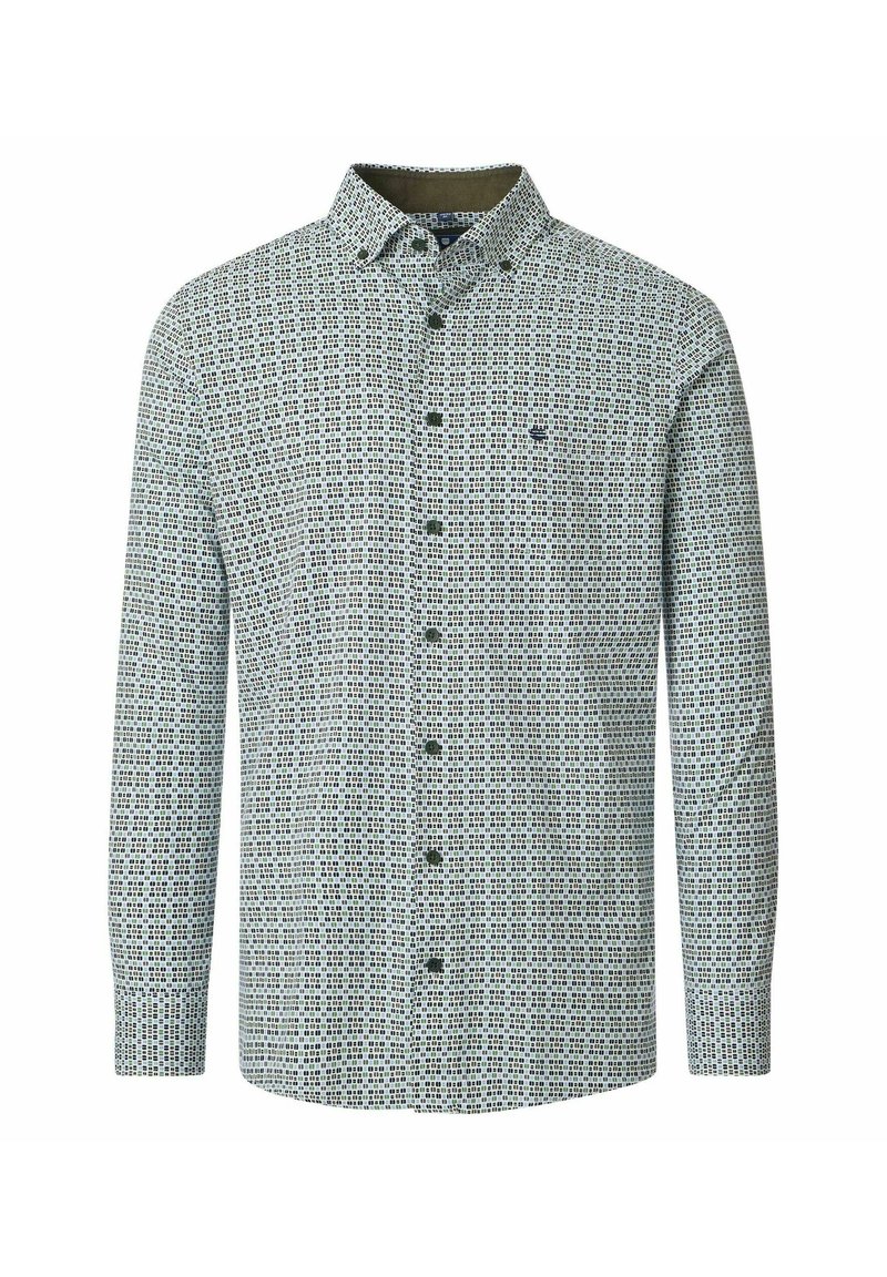 Koszula z długim rękawem z wzorem geometrycznym w zielono-białe pasy, z kolorowym kołnierzykiem oraz kontrastowym wykończeniem wnętrza kołnierzyka. Miękka tekstura materiału.