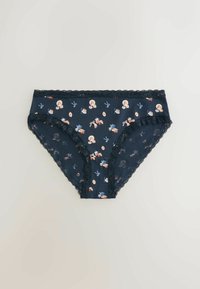 Granatowe damskie majtki bikini z delikatnym kwiatowym wzorem i kokardkami, wykończone czarną koronką na pasku i wokół nogawek.