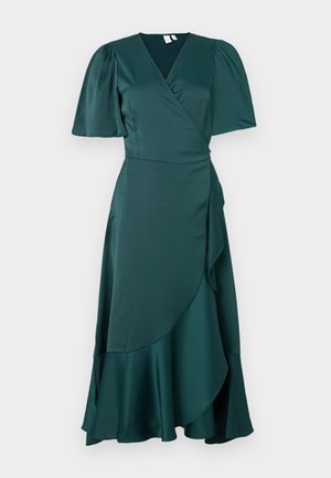 Vestido envolvente verde escuro com mangas curtas em balão, decote em V profundo e bainha com camadas de babados. Feito de um tecido leve e suave.