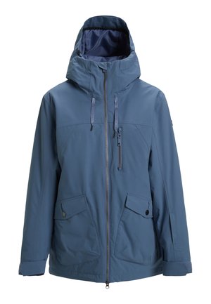 Blue waterproof jacket featuring a high collar, adjustable hood, front zip closure, two large pockets, and textured fabric.