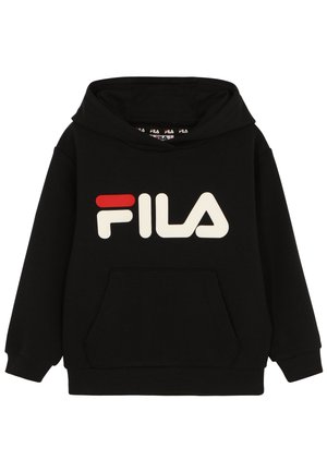 Sort hættetrøje med frontlomme og FILA-logo i hvidt og rødt på tværs af brystet, med snøre i hætten samt ribkanter på ærmer og kant.