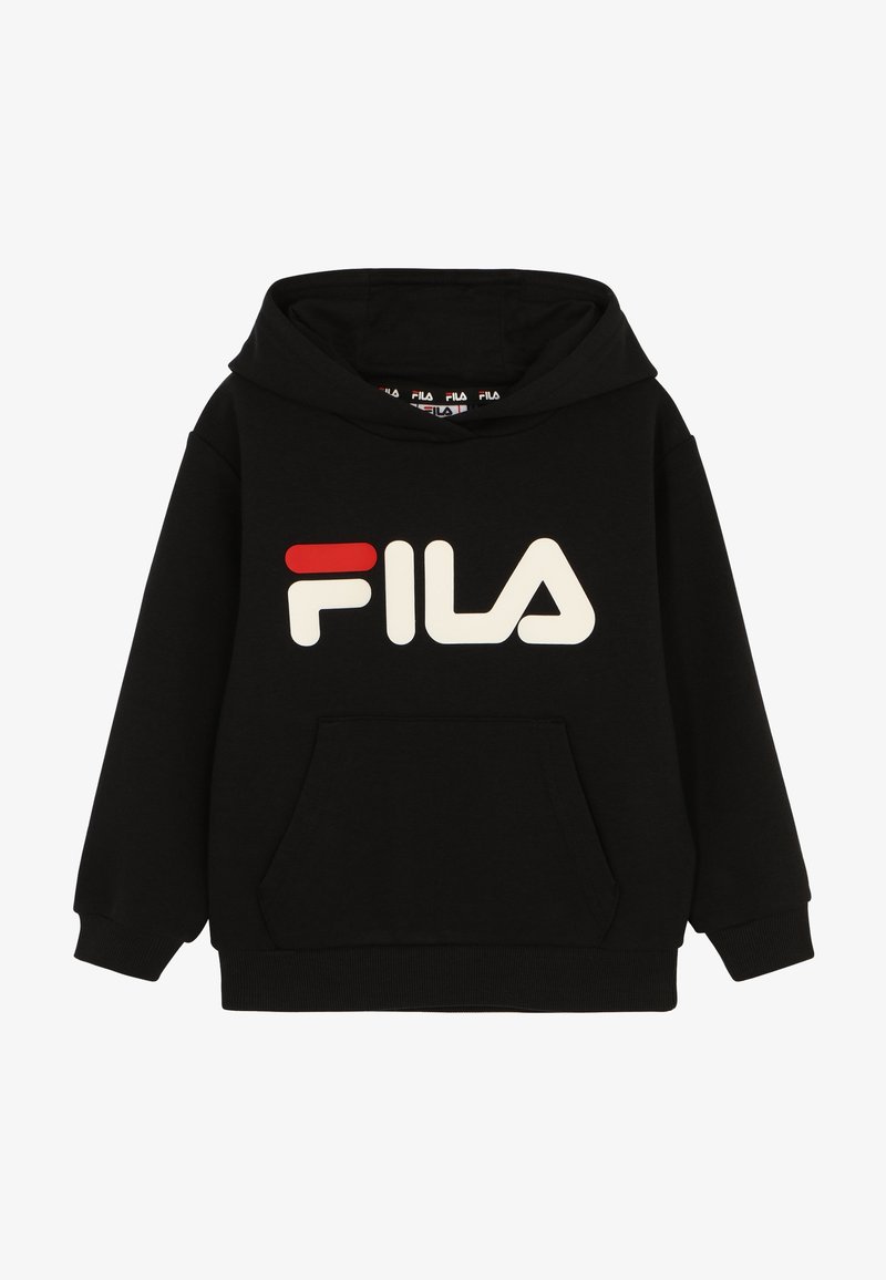 Sweat à capuche noir avec poche avant et logo FILA en blanc et rouge sur la poitrine, doté d'une capuche à cordon de serrage et de poignets et ourlet côtelés.