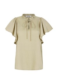 Ljusbeige blus med korta volangärmar, texturerade lodräta ränder, hög volangkrage och ett nyckelhål med knytning.