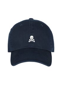 Navy blue cotton hat with a curved brim, featuring a white skull and crossbones embroidered on the front. Simple, adjustable back strap.
