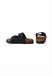 Schwarze Sandalen mit zwei verstellbaren Riemen, Korkfußbett und Gummisohle. Glattes Material mit matter Oberfläche. Für Komfort geformt.