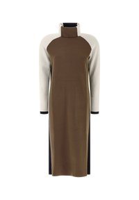 Robe en tricot avec col haut, présentant un panneau central marron, des manches en crème ton sur ton et des accents noirs. Inclus deux poches avant.