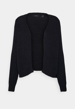 Mustalla neuleella varustettu auki oleva neuletakki, jossa on pitkät hihat ja rento leikkaus, esitetty valkoista taustaa vasten.