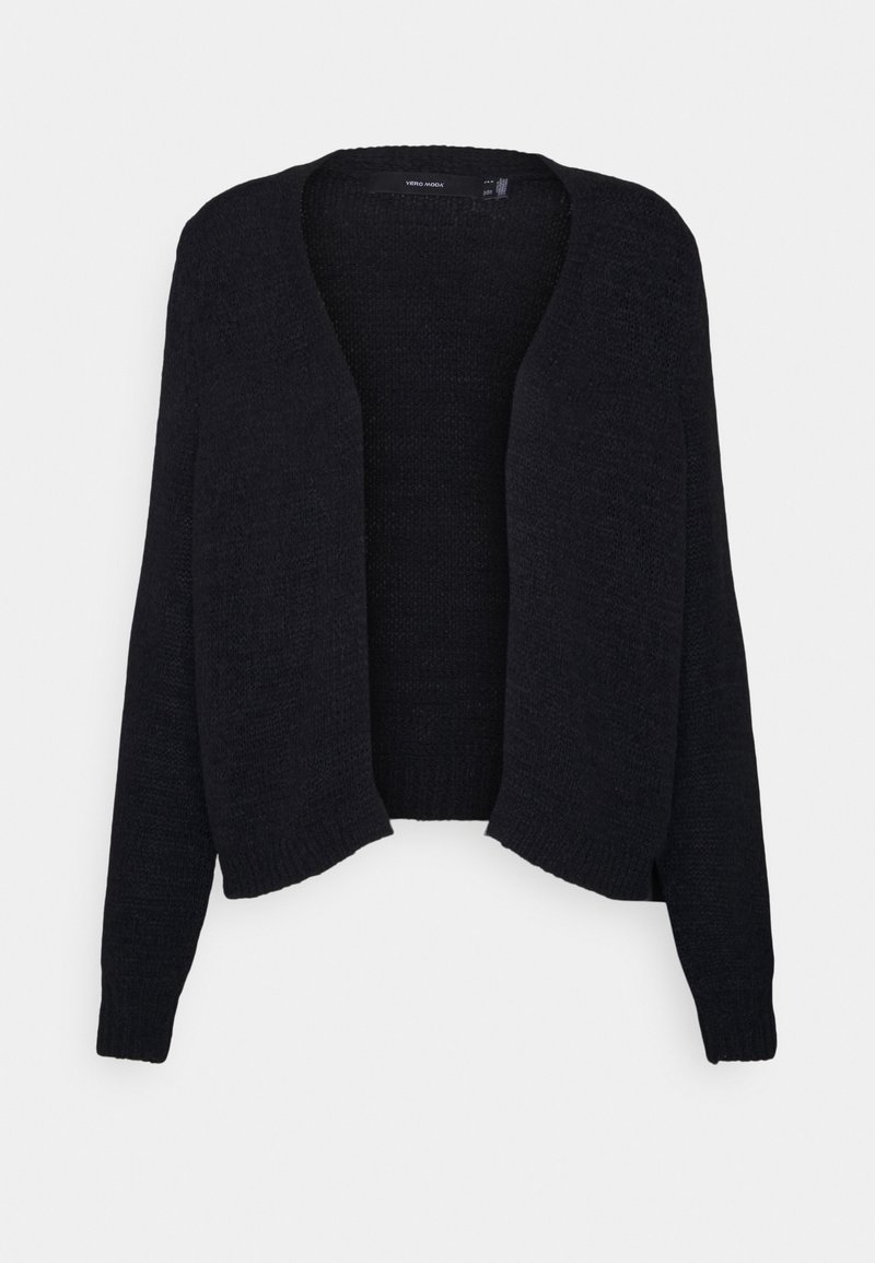 Svart stickad öppnifront cardigan med lång ärm och avslappnad passform, uppvisad mot en vit bakgrund.