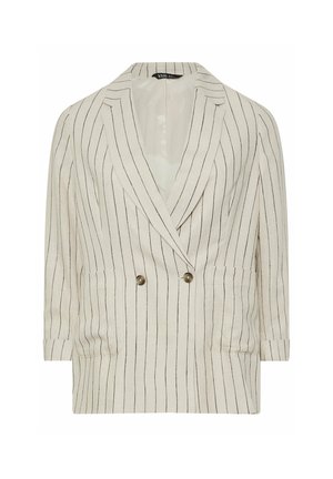 Double-breasted blazer in a light beige fabric with black pinstripes. Features two pockets, a notched lapel, and three-quarter sleeves.