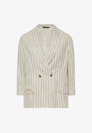 Blazer double boutonnage en tissu beige clair à rayures noires. Comprend deux poches, un revers en pointe et des manches trois-quarts.