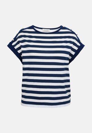 Tengerészkék és fehér, vízszintes csíkos rövid ujjú felső, gombos részletekkel a vállakon és felhajtott mandzsettákkal.