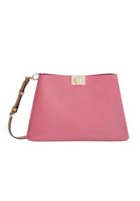 Borsa in pelle rosa con un design strutturato, caratterizzata da una chiusura in metallo dorato e una tracolla staccabile di un colore tan a contrasto.