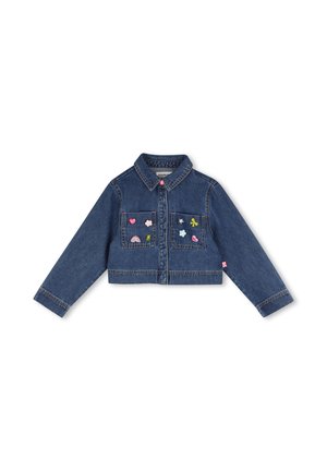 Donkerblauwe cropped spijkerjas met lange mouwen en voorzakken, versierd met kleurrijke kleine geborduurde patches.