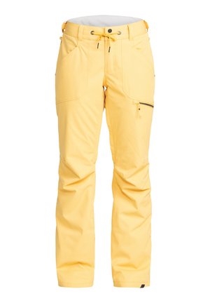 Pantalons imperméables jaunes à coupe décontractée, poche latérale zippée, taille ajustable et texture de tissu lisse.