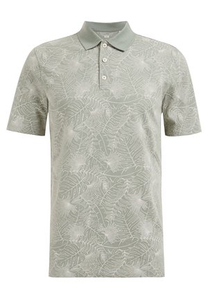 Jasnozielona koszulka polo z krótkim rękawem, z subtelnym białym wzorem tropikalnych liści i trzema guzikami przy kołnierzyku.