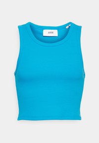 Top cropped em um tom de azul brilhante, com textura canelada, alças largas e decote redondo com uma etiqueta de logotipo.