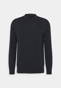 Dunkelgrauer, langärmeliger Pullover mit hohem Kragen, aus weichem, strukturiertem Material, mit gerippten Bündchen und Saum.