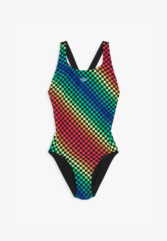 ALLOVER LEADERBACK - Bañador - black/fluorecent yellow/bondi blue/lava red/jade