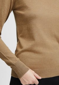 Maglione in maglia marrone con una consistenza liscia, maniche a coste e bordo a coste, caratterizzato da un design aderente che si modella sul corpo.